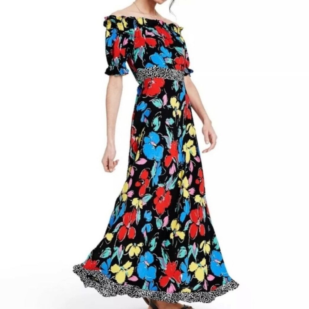 Rixo Black Colorful Floral Off-Shoulder Maxi Dress Ruffle Puff Sleeve Size 6 NWT